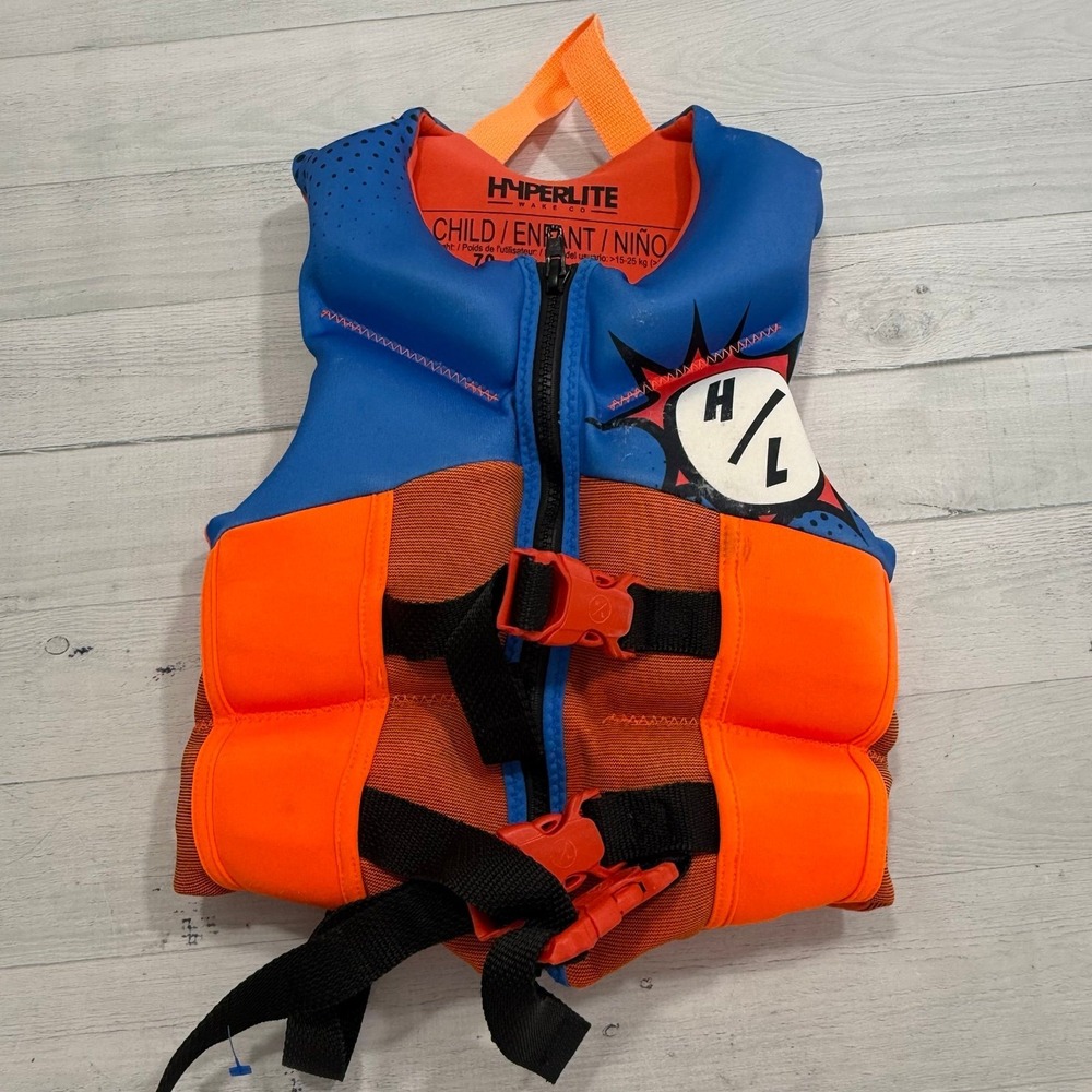 Hyperlite kids orange blue neoprene life vest 33-55 pounds